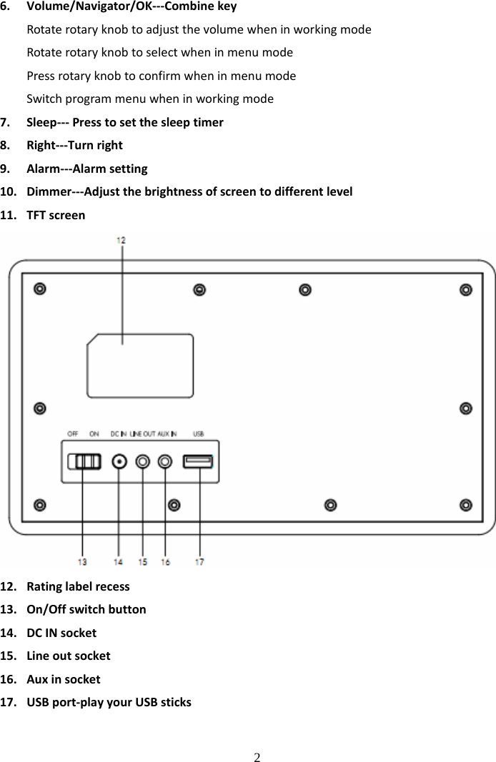  2 6. Volume/Navigator/OK‐‐‐CombinekeyRotaterotaryknobtoadjustthevolumewheninworkingmodeRotaterotaryknobtoselectwheninmenumodePressrotaryknobtoconfirmwheninmenumodeSwitchprogrammenuwheninworkingmode7. Sleep‐‐‐Presstosetthesleeptimer8. Right‐‐‐Turnright9. Alarm‐‐‐Alarmsetting10. Dimmer‐‐‐Adjustthebrightnessofscreentodifferentlevel11. TFTscreen12. Ratinglabelrecess13. On/Offswitchbutton14. DCINsocket15. Lineoutsocket16. Auxinsocket17. USBport‐playyourUSBsticks