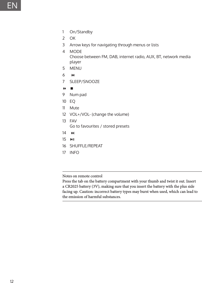 12EN1  On/Standby2  OK3  Arrow keys for navigating through menus or lists4  MODE Choose between FM, DAB, internet radio, AUX, BT, network media player5  MENU6   7  SLEEP/SNOOZE8 9  Num pad10  EQ11  Mute12  VOL+/VOL- (change the volume)13  FAV Go to favourites / stored presets14   15 16  SHUFFLE/REPEAT17  INFONotes on remote control Press the tab on the battery compartment with your thumb and twist it out. Insert a CR2025 battery (3V), making sure that you insert the battery with the plus side facing up. Caution: incorrect battery types may burst when used, which can lead to the emission of harmful substances.
