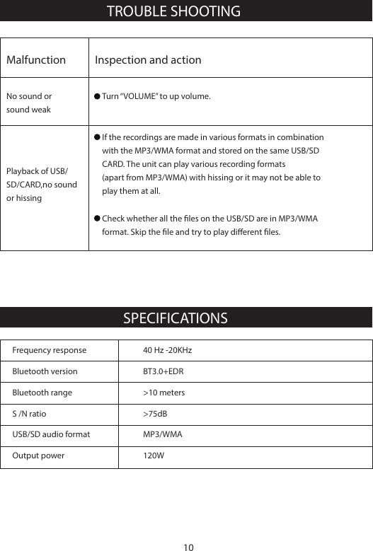 TROUBLE SHOOTINGSPECIFICATIONSFrequency response 40 Hz -20KHzBluetooth versionOutput power     120WUSB/SD audio format MP3/WMAS /N ratio  >75dBBluetooth range >10 metersBT3.0+EDRMalfunctionNo sound orsound weakPlayback of USB/SD/CARD,no sound or hissingInspection and actionTurn &ldquo;VOLUME&rdquo; to up volume.If the recordings are made in various formats in combination with the MP3/WMA format and stored on the same USB/SD CARD. The unit can play various recording formats (apart from MP3/WMA) with hissing or it may not be able to play them at all.Check whether all the les on the USB/SD are in MP3/WMAformat. Skip the le and try to play dierent les.10