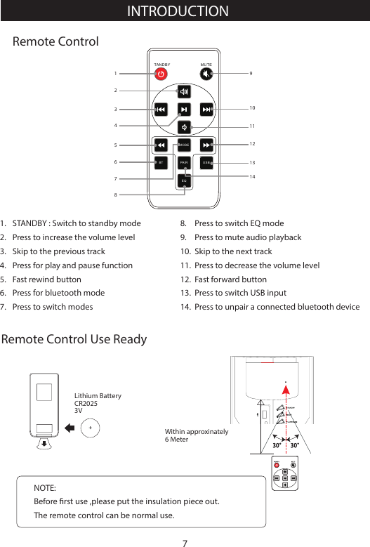 PABT IRMOD ESTANDBY MUTEUSBEQRemote ControlRemote Control Use Ready1234567891011121314STANDBY : Switch to standby modePress to increase the volume levelSkip to the previous trackPress for play and pause functionFast rewind buttonPress for bluetooth modePress to switch modes1. 2.3.4.5.6. 7. Press to switch EQ modePress to mute audio playbackSkip to the next trackPress to decrease the volume levelFast forward buttonPress to switch USB inputPress to unpair a connected bluetooth device8. 9. 10.11. 12. 13. 14. Lithium BatteryCR20253VNOTE: Before rst use ,please put the insulation piece out.The remote control can be normal use.Within approxinately6 MeterINTRODUCTION7