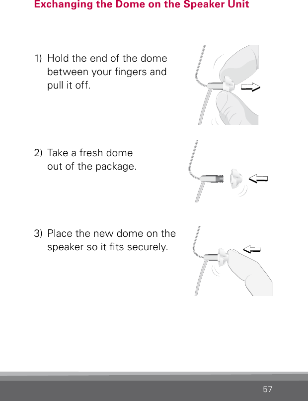 571)  Hold the end of the dome between your ngers and pull it off.2)  Take a fresh dome  out of the package.3)  Place the new dome on the speaker so it ts securely.Exchanging the Dome on the Speaker Unit