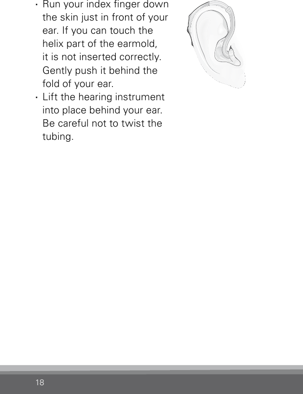 18VR_ILU_InsertingMicroBTEhook2_BW_HIBernafon Veras IFU micro BTE ·Run your index nger down the skin just in front of your ear. If you can touch the  helix part of the earmold,  it is not inserted correctly. Gently push it behind the  fold of your ear. ·Lift the hearing instrument  into place behind your ear.  Be careful not to twist the tubing.