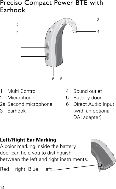 14Bernafon Veras IFU micro BTEVR_ILU_microBTEwithHook_BW_HI2a141  Multi Control2 Microphone2a Second microphone3 Earhook4  Sound outlet5  Battery door6   Direct Audio Input (with an optional DAI adapter)Preciso Compact Power BTE with Earhook32561Bernafon Veras IFU micro BTEVR_ILU_Left-rightEarMarkingMicroBTE_BW_HILeft/Right Ear Marking A color marking inside the battery  door can help you to distinguish  between the left and right instruments. Red = right; Blue = left