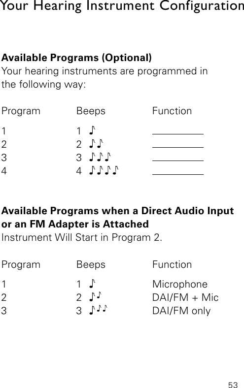 53Your Hearing Instrument ConfigurationAvailable Programs (Optional)Your hearing instruments are programmed inthe following way:Program Beeps  Function1 1  2 2  3 3  4 4  Available Programs when a Direct Audio Input or an FM Adapter is Attached Instrument Will Start in Program 2.Program   Beeps  Function1 1  Microphone  2 2   DAI/FM + Mic3 3   DAI/FM only