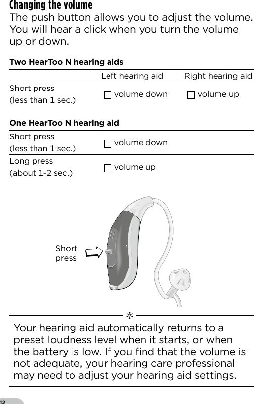 12Changing the volume The push button allows you to adjust the volumeYou will hear a click when you turn the volume up or down  ✼  Your hearing aid automatically returns to a preset loudness level when it starts or when the battery is low If you ﬁnd that the volume is not adequate your hearing care professional may need to adjust your hearing aid settingsShortpressBernafon nano BTE IFUVR_ILU_nanoBTEwithSpira_BW_HIBernafon Veras IFU micro BTEVR_ILU_MultiControlMicroBTE_BW_HITwo HearToo N hearing aidsLeft hearing aid Right hearing aidShort press  (less than  sec) volume down volume upOne HearToo N hearing aidShort press  (less than  sec) volume downLong press  (about - sec) volume up