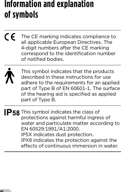 46The CE marking indicates compliance to all applicable European Directives The -digit numbers after the CE marking correspond to the identiﬁcation number of notiﬁed bodiesThis symbol indicates that the products described in these instructions for use adhere to the requirements for an applied part of Type B of EN - The surface of the hearing aid is speciﬁed as applied part of Type BThis symbol indicates the class of  protections against harmful ingress of water and particulate matter according to  EN AIPX indicates dust protection  IPX indicates the protection against theeects of continuous immersion in waterInformation and explanation  of symbols