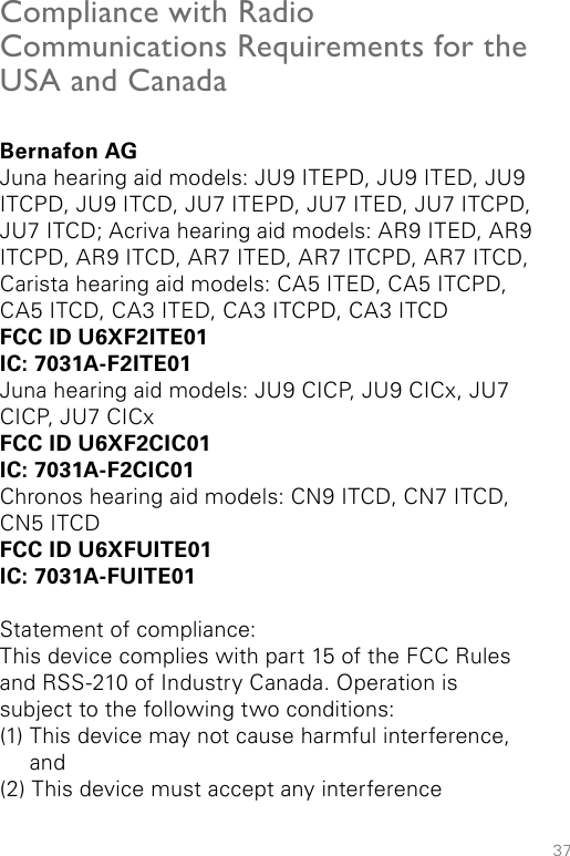 37Compliance with Radio Communications Requirements for the USA and Canada Bernafon AGJuna hearing aid models: JU9 ITEPD, JU9 ITED, JU9 ITCPD, JU9 ITCD, JU7 ITEPD, JU7 ITED, JU7 ITCPD, JU7 ITCD; Acriva hearing aid models: AR9 ITED, AR9 ITCPD, AR9 ITCD, AR7 ITED, AR7 ITCPD, AR7 ITCD, Carista hearing aid models: CA5 ITED, CA5 ITCPD, CA5 ITCD, CA3 ITED, CA3 ITCPD, CA3 ITCDFCC ID U6XF2ITE01IC: 7031A-F2ITE01Juna hearing aid models: JU9 CICP, JU9 CICx, JU7 CICP, JU7 CICxFCC ID U6XF2CIC01 IC: 7031A-F2CIC01Chronos hearing aid models: CN9 ITCD, CN7 ITCD, CN5 ITCD FCC ID U6XFUITE01 IC: 7031A-FUITE01Statement of compliance:This device complies with part 15 of the FCC Rules and RSS-210 of Industry Canada. Operation is subject to the following two conditions:(1)  This device may not cause harmful interference, and(2)  This device must accept any interference 