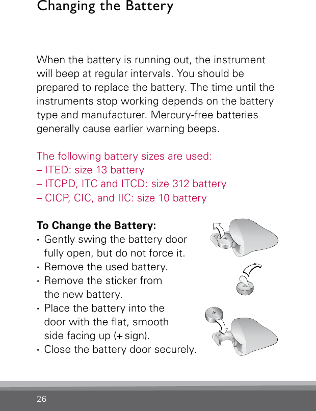 26When the battery is running out, the instrument will beep at regular intervals. You should be  prepared to replace the battery. The time until the instruments stop working depends on the battery type and manufacturer. Mercury-free batteries generally cause earlier warning beeps. The following battery sizes are used:– ITED: size 13 battery– ITCPD, ITC and ITCD: size 312 battery– CICP, CIC, and IIC: size 10 batteryTo Change the Battery: ·Gently swing the battery door fully open, but do not force it. ·Remove the used battery. ·Remove the sticker from  the new battery. ·Place the battery into the  door with the at, smooth  side facing up (+ sign). ·Close the battery door securely.Changing the Battery