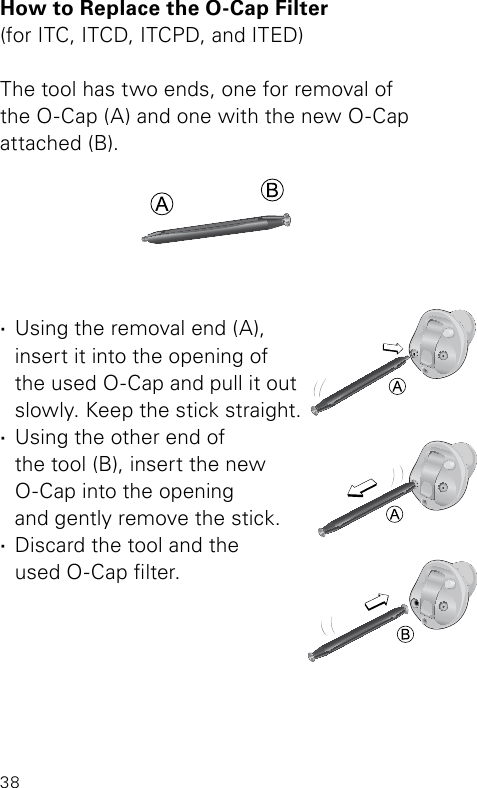 38How to Replace the O-Cap Filter(for ITC, ITCD, ITCPD, and ITED)The tool has two ends, one for removal of  the O-Cap (A) and one with the new O-Cap attached (B). ·Using the removal end (A),  insert it into the opening of  the used O-Cap and pull it out slowly. Keep the stick straight. ·Using the other end of  the tool (B), insert the new  O-Cap into the opening  and gently remove the stick. ·Discard the tool and the  used O-Cap lter.BL_ILLU_miniBTE_O_Cap1_BW_Hi11