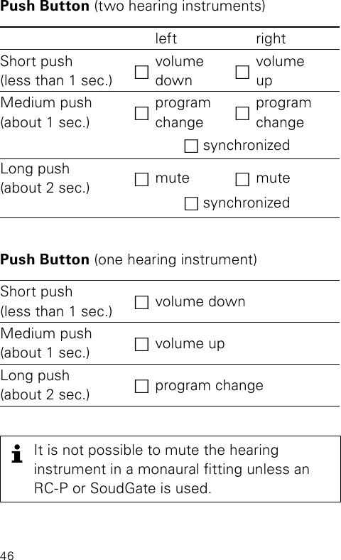 46Push Button (two hearing instruments)left rightShort push  (less than 1 sec.) hvolume  down hvolume  upMedium push  (about 1 sec.) hprogram change hprogram changeh synchronizedLong push  (about 2 sec.) hmute hmuteh synchronizedPush Button (one hearing instrument)Short push  (less than 1 sec.) hvolume downMedium push  (about 1 sec.) hvolume upLong push  (about 2 sec.) hprogram changeIt is not possible to mute the hearing  instrument in a monaural tting unless an RC-P or SoudGate is used.