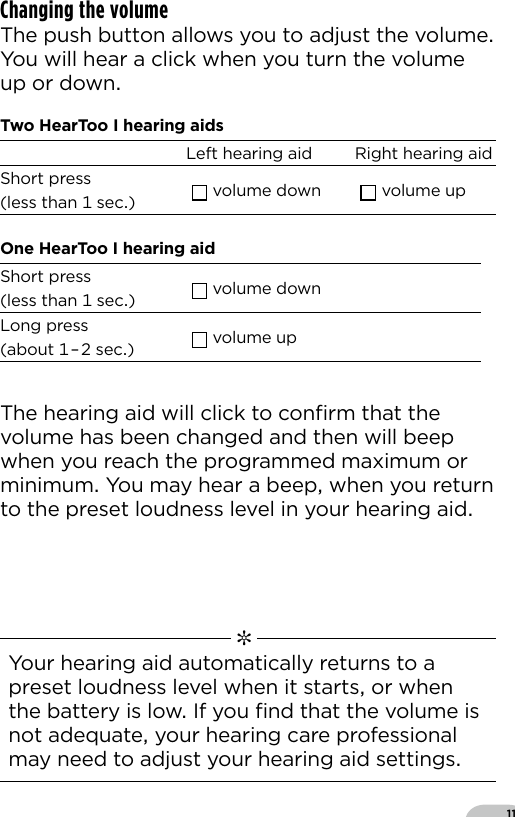 11Changing the volume The push button allows you to adjust the volumeYou will hear a click when you turn the volume up or downThe hearing aid will click to conﬁrm that the volume has been changed and then will beep when you reach the programmed maximum or minimum You may hear a beep when you return to the preset loudness level in your hearing aid  ✼  Your hearing aid automatically returns to apreset loudness level when it starts or whenthe battery is low If you ﬁnd that the volume isnot adequate your hearing care professional may need to adjust your hearing aid settingsTwo HearToo I hearing aidsLeft hearing aid Right hearing aidShort press  (less than  sec) volume down volume upOne HearToo I hearing aidShort press  (less than  sec) volume downLong press  (about – sec) volume up