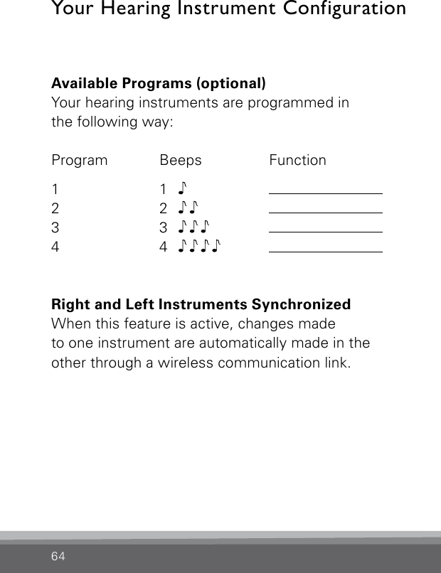 64Your Hearing Instrument ConfigurationAvailable Programs (optional)Your hearing instruments are programmed inthe following way:Program Beeps  Function1 1  2 2  3 3  4 4  Right and Left Instruments SynchronizedWhen this feature is active, changes made  to one instrument are automatically made in the  other through a wireless communication link.