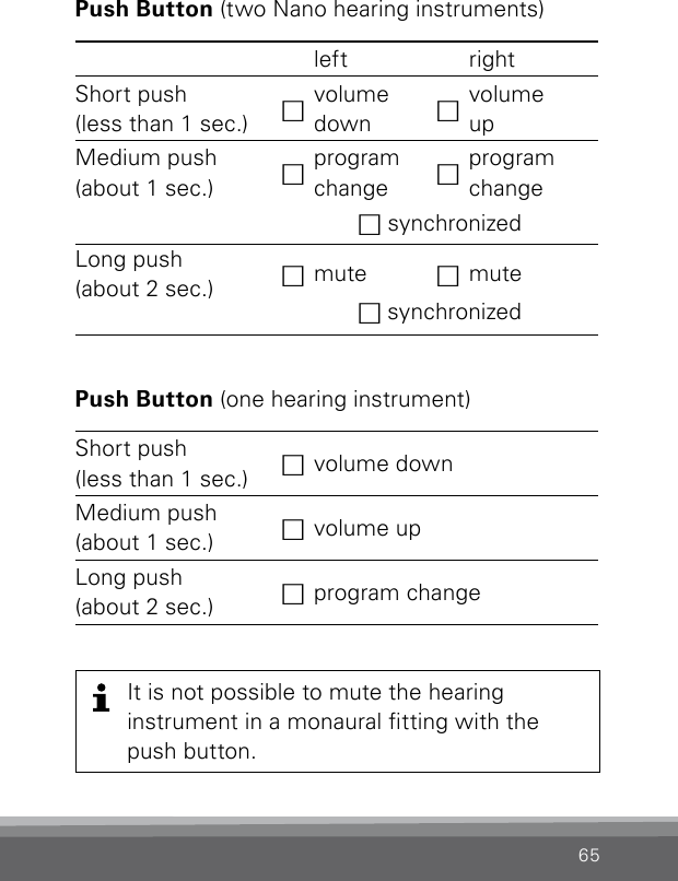 65Push Button (two Nano hearing instruments)left rightShort push  (less than 1 sec.) hvolume  down hvolume  upMedium push  (about 1 sec.) hprogram change hprogram changeh synchronizedLong push  (about 2 sec.) hmute hmuteh synchronizedPush Button (one hearing instrument)Short push  (less than 1 sec.) hvolume downMedium push  (about 1 sec.) hvolume upLong push  (about 2 sec.) hprogram changeIt is not possible to mute the hearinginstrument in a monaural tting with the push button.