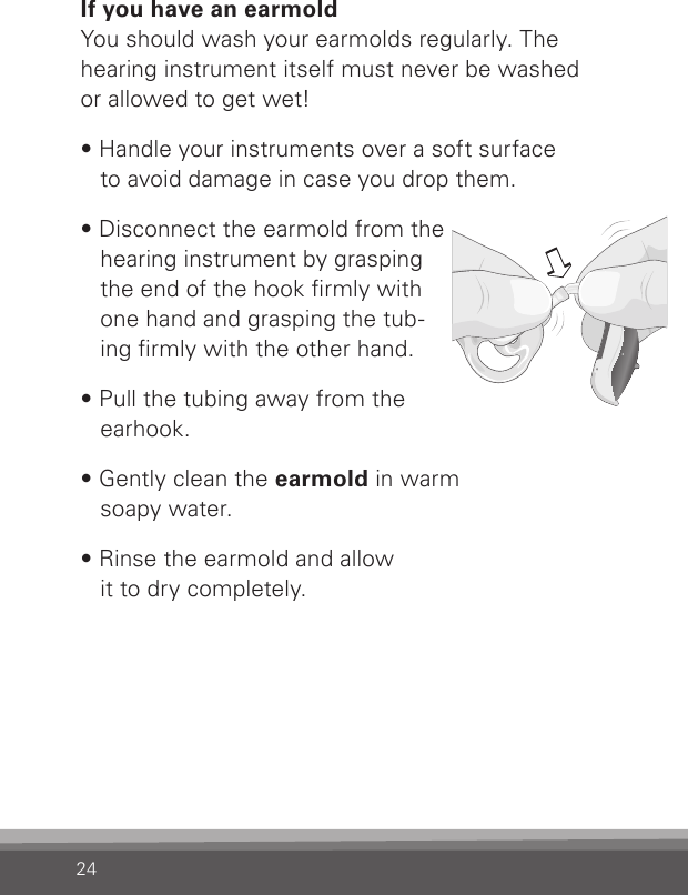 24If you have an earmoldYou should wash your earmolds regularly. The hearing instrument itself must never be washed  or allowed to get wet!• Handle your instruments over a soft surface  to avoid damage in case you drop them.• Disconnect the earmold from the  hearing instrument by grasping  the end of the hook rmly with  one hand and grasping the tub- ing rmly with the other hand.• Pull the tubing away from the  earhook. • Gently clean the earmold in warm  soapy water. • Rinse the earmold and  allow  it to dry completely. Bernafon nano BTE IFUVR_ILU_CleaningEarmoldAttachNano_BW_HI