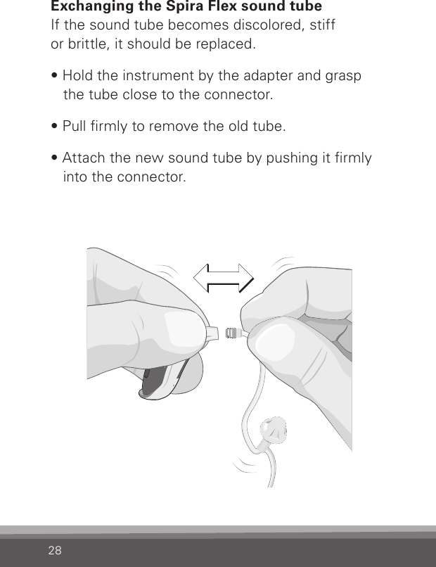 28Exchanging the Spira Flex sound tubeIf the sound tube becomes discolored, stiff  or brittle, it should be replaced.• Hold the instrument by the adapter and grasp  the tube close to the connector.• Pull rmly to remove the old tube.• Attach the new sound tube by pushing it rmly into the connector.Bernafon nano BTE IFUVR_ILU_ExchangingSpiraNanoBTE_BW_HI