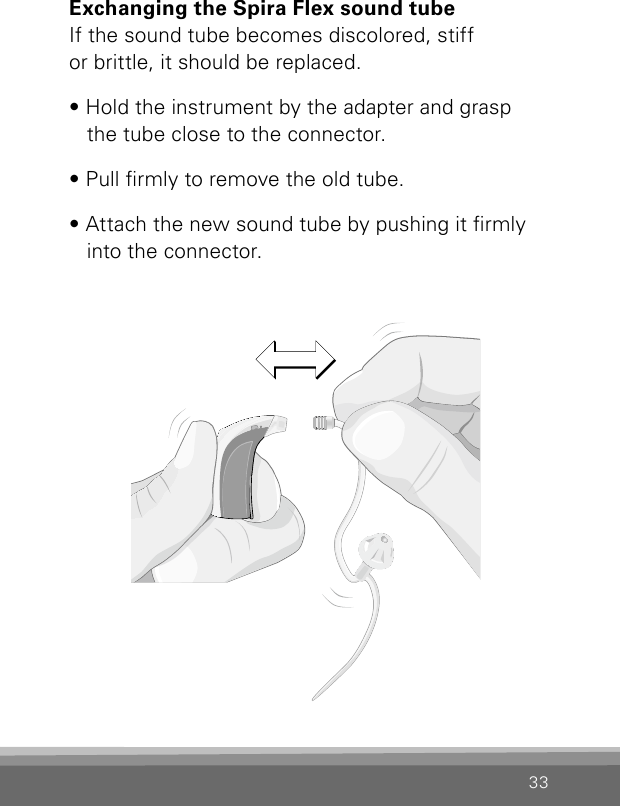 33Exchanging the Spira Flex sound tubeIf the sound tube becomes discolored, stiff  or brittle, it should be replaced. • Hold the instrument by the adapter and grasp  the tube close to the connector.• Pull rmly to remove the old tube.• Attach the new sound tube by pushing it rmly  into the connector.Bernafon Veras IFU micro BTEVR_ILU_ExchangingSpiraMicroBTE_BW_HI