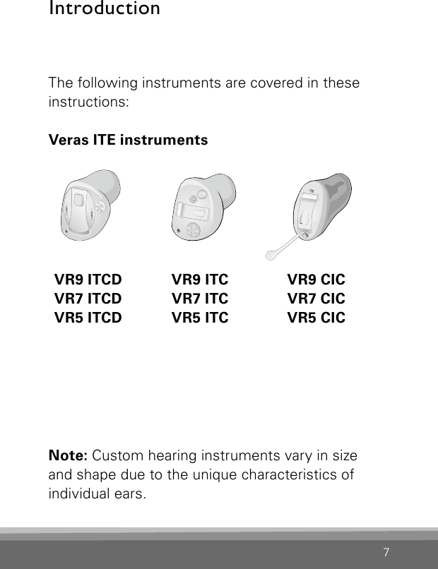 7The following instruments are covered in these instructions:Veras ITE instruments VR9 ITCD  VR9 ITC  VR9 CIC VR7 ITCD  VR7 ITC  VR7 CIC VR5 ITCD  VR5 ITC  VR5 CICBernafon Veras IFU ITCVR _ILU_ITC1 overview_ BW_HIBernafon Veras IFU ITCVR_ILU_ ITC2overview_BW_HIBernafon Veras IFU CICVR_ILU_CICoverview_BW_HINote: Custom hearing instruments vary in size and shape due to the unique characteristics of individual ears.Introduction