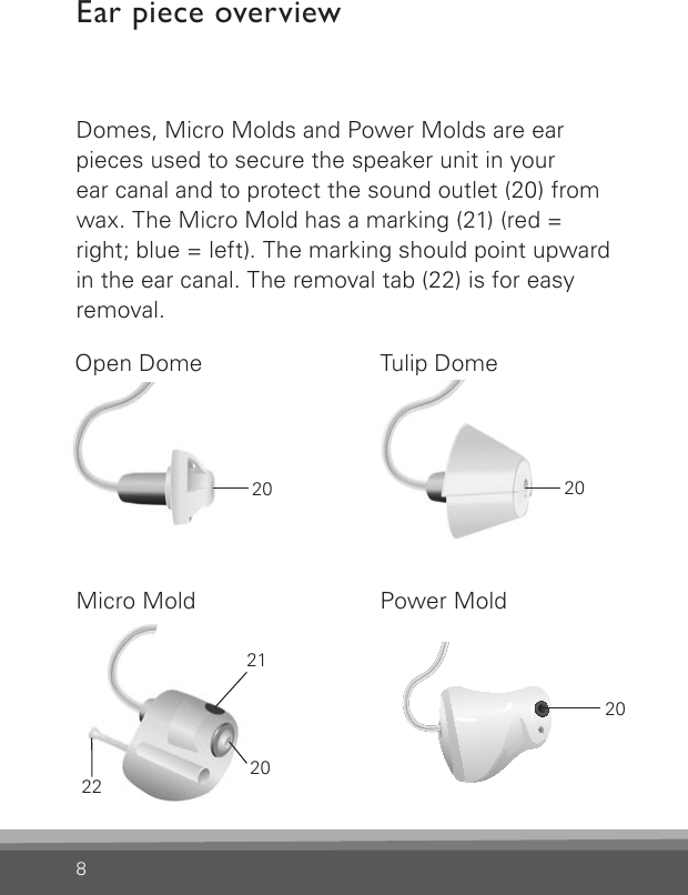 8Domes, Micro Molds and Power Molds are ear pieces used to secure the speaker unit in your  ear canal and to protect the sound outlet (20) from wax. The Micro Mold has a marking (21) (red = right; blue = left). The marking should point upward in the ear canal. The removal tab (22) is for easy removal.Ear piece overviewOpen Dome Tulip DomeMicro Mold212022Power Mold202020