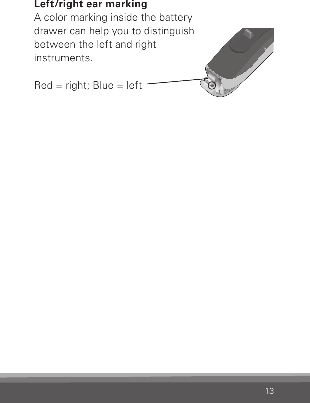 13Left/right ear markingA color marking inside the battery  drawer can help you to distinguish  between the left and right  instruments. Red = right; Blue = leftBernafon nano BTE IFUVR_ILU_Left-rightEarMarkingNanoBTE_BW_HI