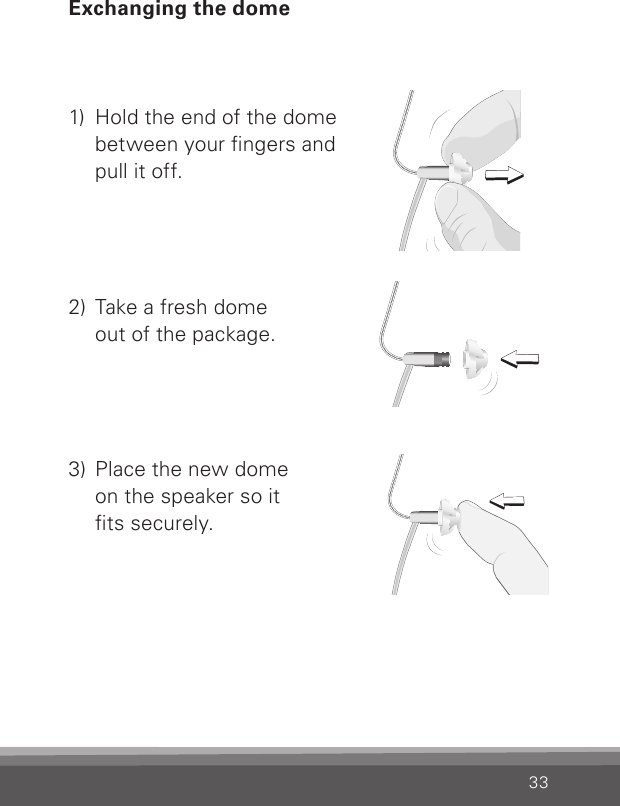 331)  Hold the end of the dome  between your ngers and pull it off.2)  Take a fresh dome  out of the package.3)  Place the new dome on the speaker so it ts securely.Exchanging the dome