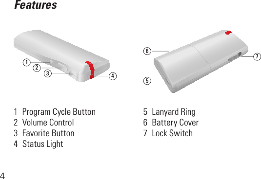 4Features12345671  Program Cycle Button2  Volume Control3  Favorite Button4  Status Light5  Lanyard Ring6  Battery Cover7  Lock Switch