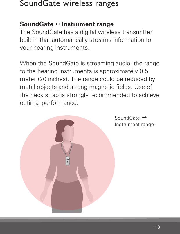 13SoundGate wireless rangesSoundGate   Instrument rangeThe SoundGate has a digital wireless transmitterbuilt in that automatically streams information to your hearing instruments. When the SoundGate is streaming audio, the range to the hearing instruments is approximately 0.5 meter (20 inches). The range could be reduced by metal objects and strong magnetic elds. Use of the neck strap is strongly recommended to achieve optimal performance.SoundGate   Instrument range