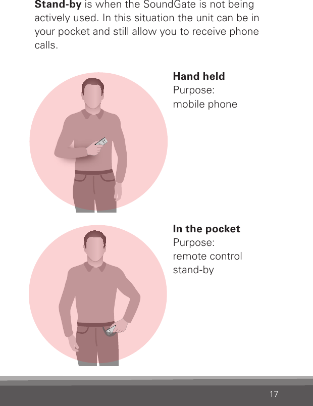 17Stand-by is when the SoundGate is not being  actively used. In this situation the unit can be in your pocket and still allow you to receive phone calls.Hand heldPurpose:  mobile phoneIn the pocket Purpose: remote control  stand-by