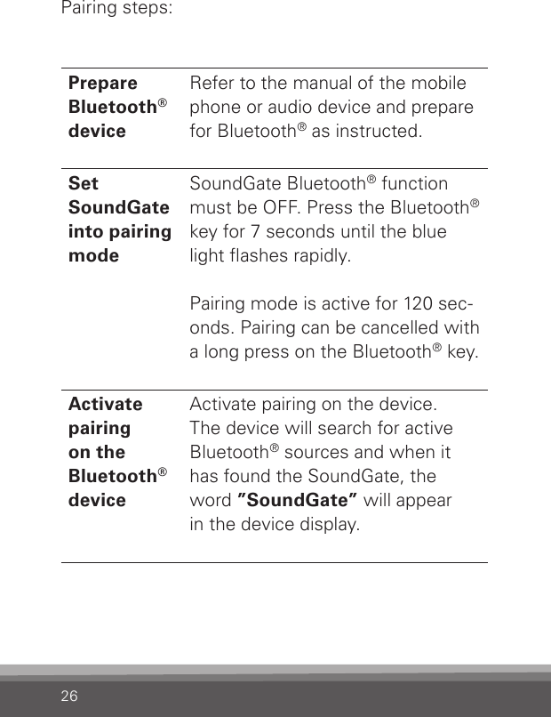 26Prepare Bluetooth® deviceRefer to the manual of the mobile phone or audio device and prepare for Bluetooth® as instructed.Set  SoundGateinto pairingmodeSoundGate Bluetooth® function must be OFF. Press the Bluetooth® key for 7 seconds until the blue light ashes rapidly.Pairing mode is active for 120 sec-onds. Pairing can be cancelled with a long press on the Bluetooth® key.Activate pairing  on the Bluetooth® deviceActivate pairing on the device.  The device will search for active Bluetooth® sources and when it has found the SoundGate, the word ”SoundGate” will appear  in the device display.Pairing steps: