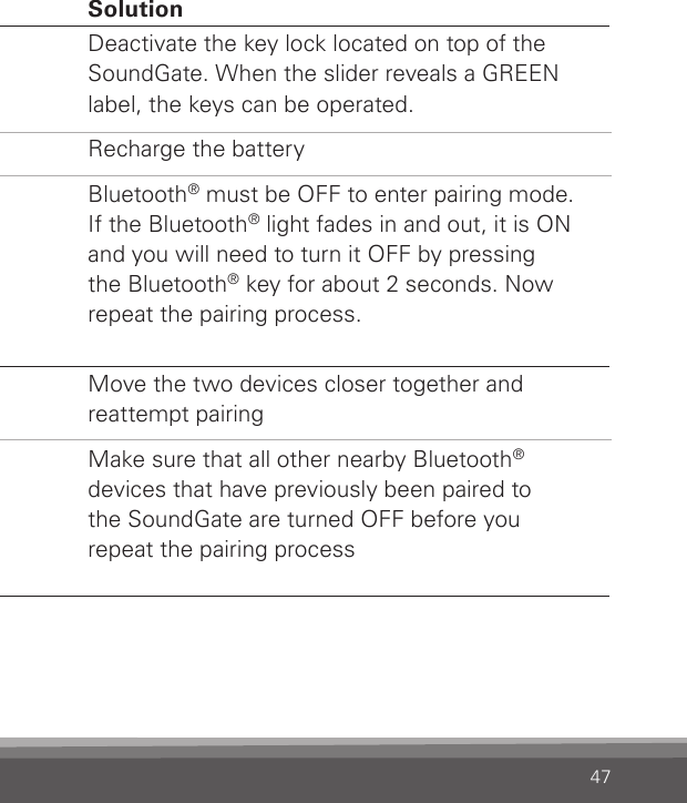 47Pairing Problem SolutionMy SoundGate  will not enter Blue-tooth® pairing  modeSoundGate’s key lock is activatedSoundGate is out of powerBluetooth® was on when you triedto put your SoundGate in pairingmodeDeactivate the key lock located on top of the SoundGate. When the slider reveals a GREEN label, the keys can be operated.Recharge the batteryBluetooth® must be OFF to enter pairing mode.  If the Bluetooth® light fades in and out, it is ON and you will need to turn it OFF by pressing  the Bluetooth® key for about 2 seconds. Now repeat the pairing process.My phone is not nding the Sound-GateSoundGate is outside the range  of your phoneSoundGate is already connected  to other Bluetooth® devices that  are active and within its rangeMove the two devices closer together and  reattempt pairingMake sure that all other nearby Bluetooth®  devices that have previously been paired to  the SoundGate are turned OFF before you  repeat the pairing process