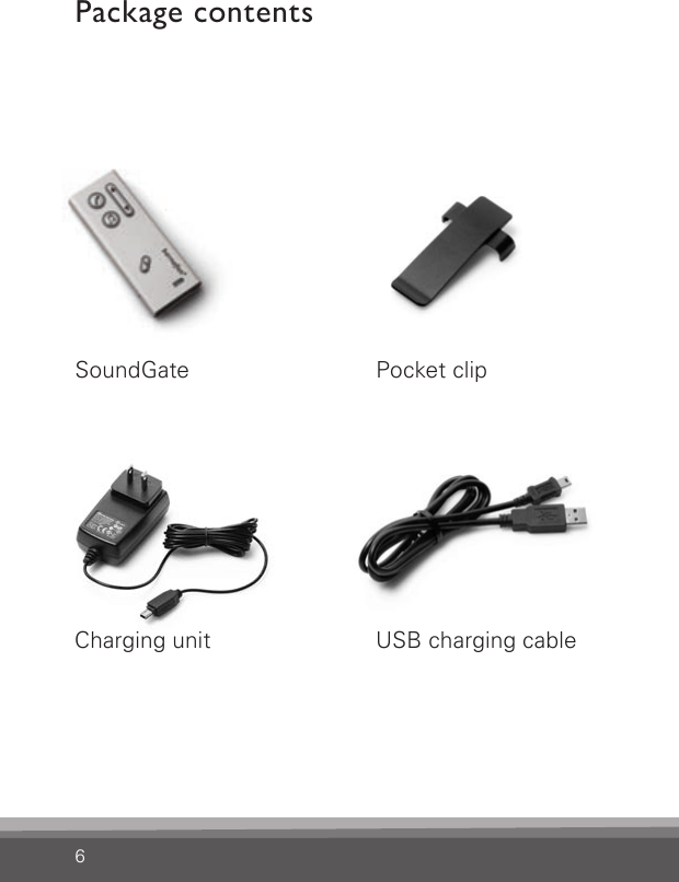 6Package contentsSoundGateCharging unitPocket clipUSB charging cable