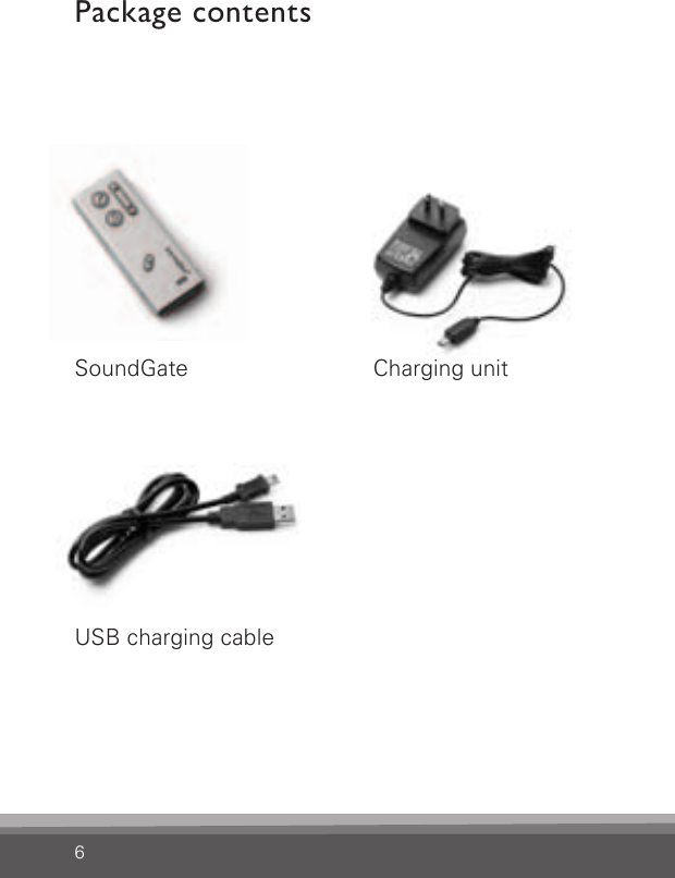 6Package contentsSoundGate Charging unitUSB charging cable