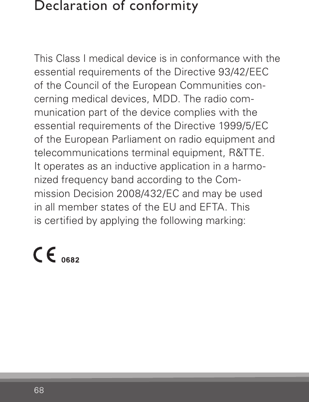 68Declaration of conformityThis Class I medical device is in conformance with theessential requirements of the Directive 93/42/EECof the Council of the European Communities con-cerning medical devices, MDD. The radio com-munication part of the device complies with the essential requirements of the Directive 1999/5/EC of the European Parliament on radio equipment and telecommunications terminal equipment, R&amp;TTE.It operates as an inductive application in a harmo-nized frequency band according to the Com- mission Decision 2008/432/EC and may be used  in all member states of the EU and EFTA. This  is certied by applying the following marking: