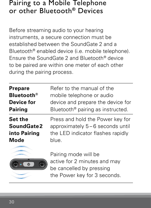 30Pairing to a Mobile Telephone  or other Bluetooth® DevicesBefore streaming audio to your hearing  instruments, a secure connection must be  established between the SoundGate 2 and a Bluetooth® enabled device (i.e. mobile telephone). Ensure the SoundGate 2 and Bluetooth® device  to be paired are within one meter of each other during the pairing process.Prepare  Bluetooth®  Device for  PairingRefer to the manual of the  mobile telephone or audio  device and prepare the device for Bluetooth® pairing as instructed.Set the  SoundGate 2   into Pairing  ModeSN2_ILLU_TopLedFlashingBlue_HI30Press and hold the Power key for approximately 5 – 6 seconds until the LED indicator ashes rapidly blue.Pairing mode will be  active for 2 minutes and may  be cancelled by pressing  the Power key for 3 seconds. 