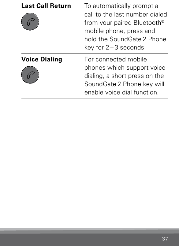 37Last Call Return SN2_ILLU_SoundgatePhoneKeyNoLight_HI27To automatically prompt a call to the last number dialed from your paired Bluetooth® mobile phone, press and hold the SoundGate 2 Phone key for 2 – 3 seconds.Voice Dialing SN2_ILLU_SoundgatePhoneKeyNoLight_HI27For connected mobile phones which support voice dialing, a short press on the SoundGate 2 Phone key will enable voice dial function.