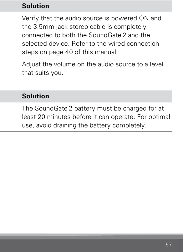 57Wired audio Problem SolutionThere is no audio  in the hearing  instruments.The audio source needs to be  turned on and connected to  the SoundGate 2.Verify that the audio source is powered ON and the 3.5mm jack stereo cable is completely  connected to both the SoundGate 2 and the  selected device. Refer to the wired connection steps on page 40 of this manual.Volume level  is too high.Volume needs to be adjusted  on the connected wired audio  source.Adjust the volume on the audio source to a level that suits you.Charging Problem SolutionSoundGate 2 does not work even while charging.The battery is drained  completely.The SoundGate 2 battery must be charged for at least 20 minutes before it can operate. For optimal use, avoid draining the battery completely.