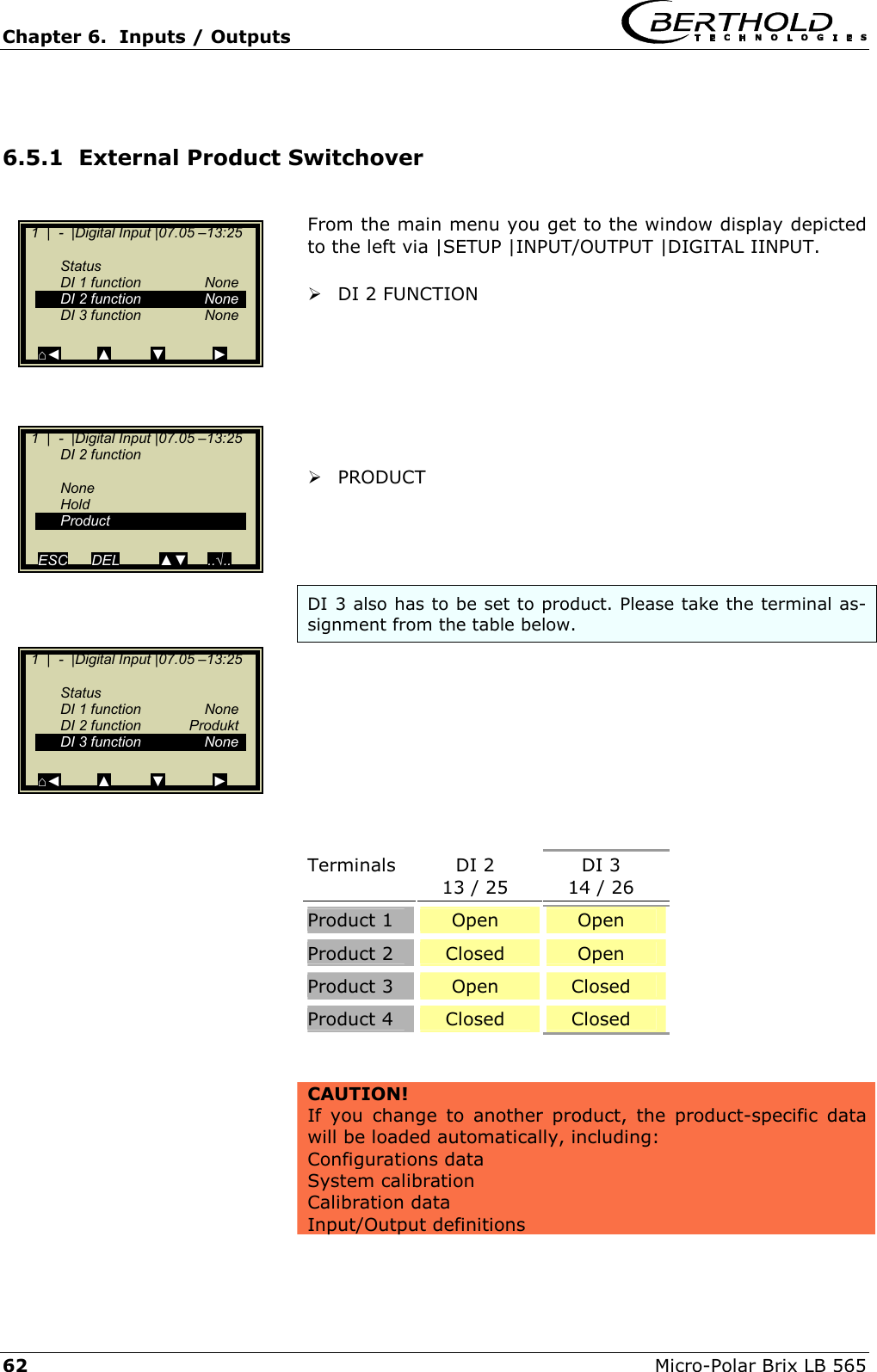 Chapter 6.  Inputs / Outputs     62  Micro-Polar Brix LB 565  6.5.1  External Product Switchover   From the main menu you get to the window display depicted to the left via |SETUP |INPUT/OUTPUT |DIGITAL IINPUT.   DI 2 FUNCTION          PRODUCT     DI 3 also has to be set to product. Please take the terminal as-signment from the table below.          Terminals DI 2 13 / 25 DI 3 14 / 26 Product 1  Open  Open Product 2  Closed  Open Product 3  Open  Closed Product 4  Closed  Closed   CAUTION! If you change to another product, the product-specific data will be loaded automatically, including:  Configurations data System calibration Calibration data Input/Output definitions    1  |  -  |Digital Input |07.05 &ndash;13:25       Status   DI 1 function   None  DI 2 function  None  DI 3 function  None     ⌂◄         ▲         ▼            ►   1  |  -  |Digital Input |07.05 &ndash;13:25   DI 2 function      None   Hold  Product     ESC      DEL          ▲▼     ..&radic;..   1  |  -  |Digital Input |07.05 &ndash;13:25       Status   DI 1 function   None  DI 2 function  Produkt  DI 3 function  None     ⌂◄         ▲         ▼            ► 