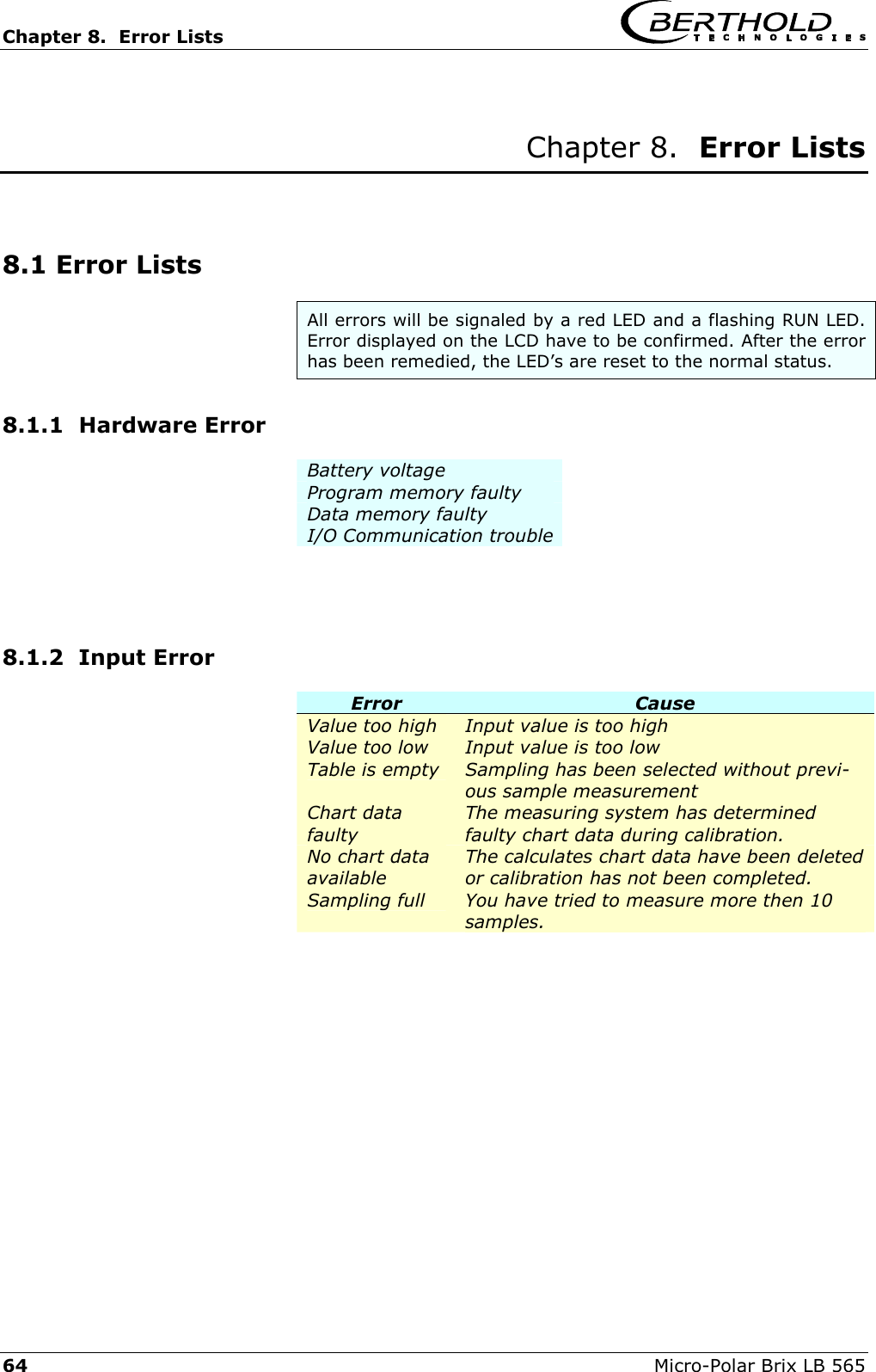 Chapter 8.  Error Lists     64  Micro-Polar Brix LB 565  Chapter 8.  Error Lists   8.1 Error Lists All errors will be signaled by a red LED and a flashing RUN LED. Error displayed on the LCD have to be confirmed. After the error has been remedied, the LED&rsquo;s are reset to the normal status. 8.1.1  Hardware Error Battery voltage Program memory faulty Data memory faulty I/O Communication trouble   8.1.2  Input Error  Error  Cause  Value too high  Input value is too high Value too low  Input value is too low Table is empty  Sampling has been selected without previ-ous sample measurement Chart data faulty  The measuring system has determined faulty chart data during calibration. No chart data available The calculates chart data have been deleted or calibration has not been completed. Sampling full  You have tried to measure more then 10 samples.  