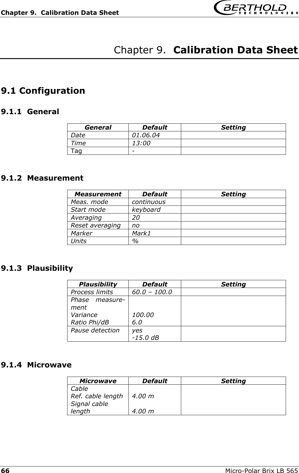 Chapter 9.  Calibration Data Sheet     66  Micro-Polar Brix LB 565  Chapter 9.  Calibration Data Sheet    9.1 Configuration 9.1.1  General General Default  Setting Date  01.06.04                   Time 13:00  Tag -   9.1.2  Measurement Measurement Default  Setting Meas. mode  continuous   Start mode  keyboard   Averaging 20   Reset averaging  no   Marker Mark1  Units %   9.1.3  Plausibility Plausibility Default  Setting Process limits  60.0 &ndash; 100.0   Phase measure-ment Variance Ratio Phi/dB   100.00 6.0  Pause detection  yes -15.0 dB   9.1.4  Microwave Microwave Default  Setting Cable Ref. cable length Signal cable length  4.00 m  4.00 m  