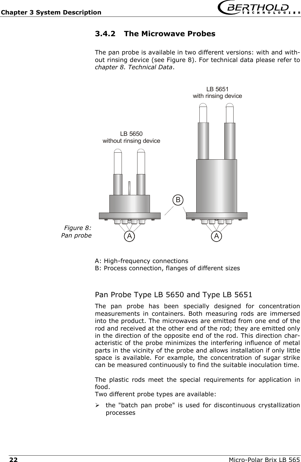 Chapter 3 System Description   Micro-Polar Brix LB 565 22 3.4.2  The Microwave Probes The pan probe is available in two different versions: with and with-out rinsing device (see Figure 8). For technical data please refer to chapter 8. Technical Data.  Figure 8:Pan probeALB 5650without rinsing deviceABLB 5651with rinsing device  A: High-frequency connections B: Process connection, flanges of different sizes  Pan Probe Type LB 5650 and Type LB 5651 The pan probe has been specially designed for concentration measurements in containers. Both measuring rods are immersed into the product. The microwaves are emitted from one end of the rod and received at the other end of the rod; they are emitted only in the direction of the opposite end of the rod. This direction char-acteristic of the probe minimizes the interfering influence of metal parts in the vicinity of the probe and allows installation if only little space is available. For example, the concentration of sugar strike can be measured continuously to find the suitable inoculation time.  The plastic rods meet the special requirements for application in food. Two different probe types are available:  the "batch pan probe" is used for discontinuous crystallization processes 