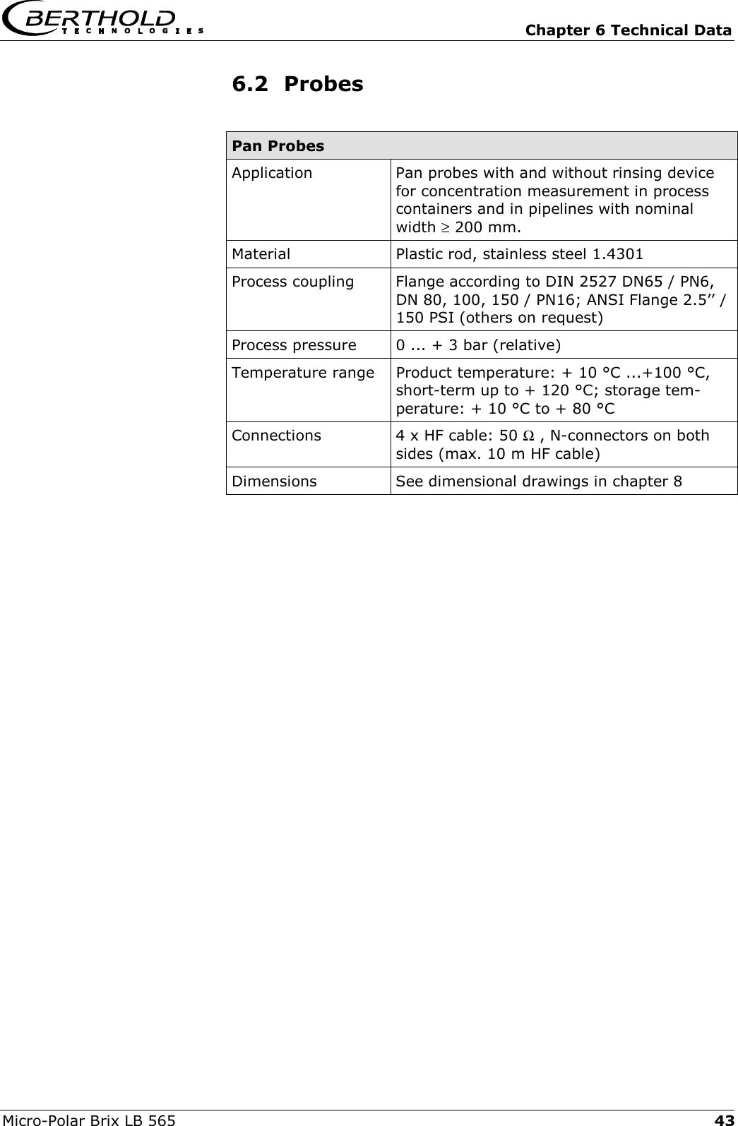  Chapter 6 Technical Data Micro-Polar Brix LB 565  436.2 Probes  Pan Probes Application  Pan probes with and without rinsing device for concentration measurement in process containers and in pipelines with nominal width &ge; 200 mm. Material  Plastic rod, stainless steel 1.4301 Process coupling  Flange according to DIN 2527 DN65 / PN6, DN 80, 100, 150 / PN16; ANSI Flange 2.5&rsquo;&rsquo; / 150 PSI (others on request) Process pressure  0 ... + 3 bar (relative) Temperature range Product temperature: + 10 &deg;C ...+100 &deg;C, short-term up to + 120 &deg;C; storage tem-perature: + 10 &deg;C to + 80 &deg;C Connections 4 x HF cable: 50 Ω , N-connectors on both sides (max. 10 m HF cable) Dimensions  See dimensional drawings in chapter 8     