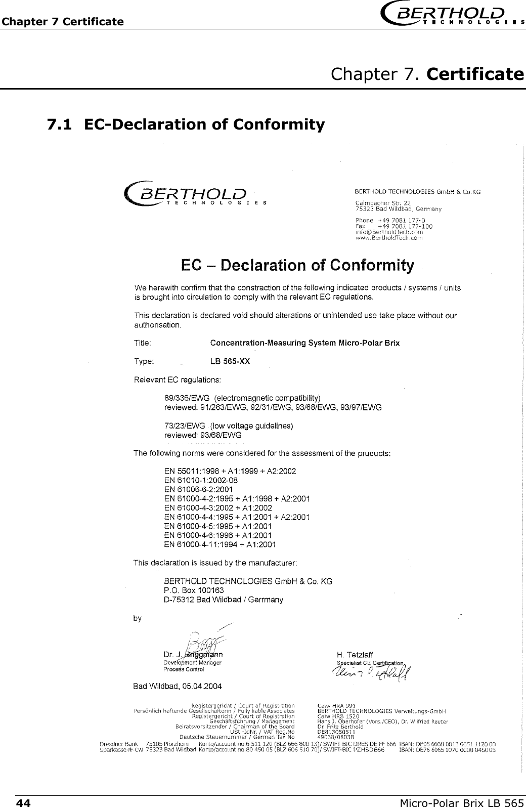 Chapter 7 Certificate   Micro-Polar Brix LB 565 44 Chapter 7. Certificate  7.1 EC-Declaration of Conformity  