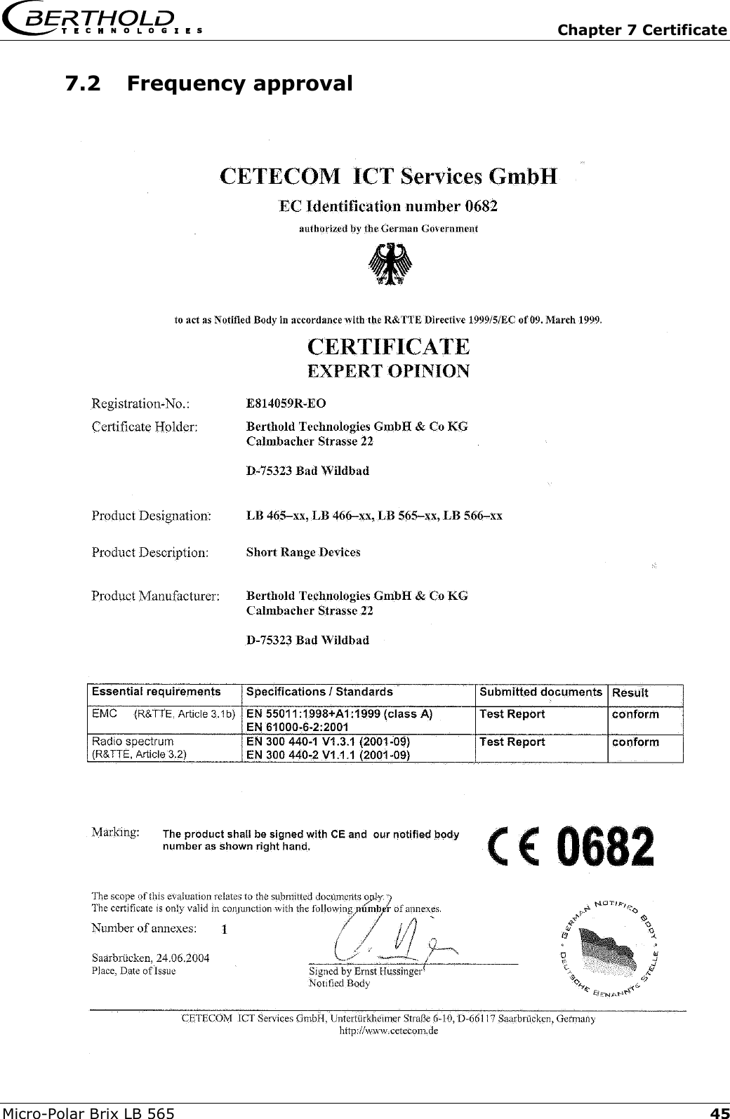   Chapter 7 Certificate Micro-Polar Brix LB 565  457.2 Frequency approval                          
