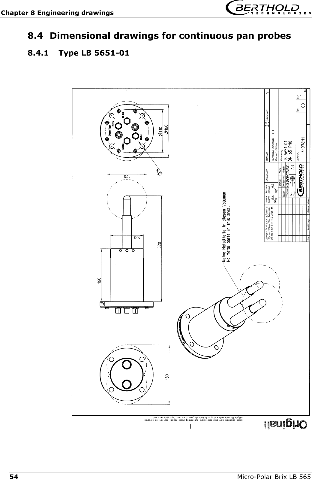 Chapter 8 Engineering drawings   Micro-Polar Brix LB 565 54 8.4  Dimensional drawings for continuous pan probes 8.4.1  Type LB 5651-01     