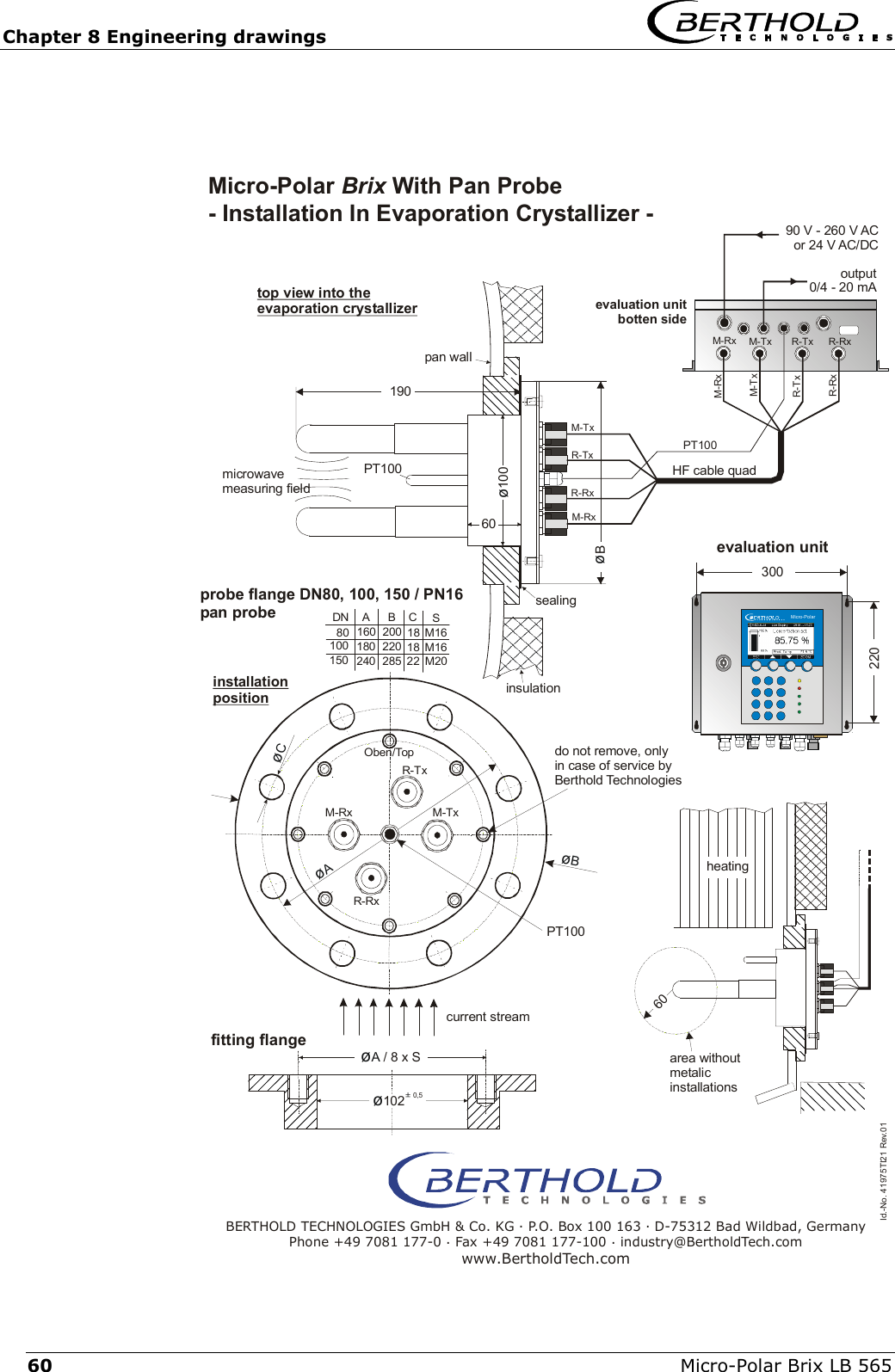 Chapter 8 Engineering drawings   Micro-Polar Brix LB 565 60  90 V - 260 V ACor 24 V AC/DCoutput0/4 - 20 mAsealingId.-No. 41975TI21 Rev.01&oslash;A / 8 x S190&oslash;100&oslash;B6060220300    Micro-Polarprobe flange DN80, 100, 150 / PN16pan probeinstallationpositionDN ABCS80100160 200 18 M16180 220 18 M16240 28522M20150&oslash;&plusmn; 1020,5PT100M-TxM-TxM-TxM-RxM-RxR-TxR-TxR-RxR-RxM-RxR-TxR-RxM-RxR-TxR-RxM-Tx&oslash;COben/Top&oslash;B&oslash;APT100insulationPT100do not remove, onlyin case of service byBerthold Technologiesmicrowavemeasuring fieldpan walltop view into the evaporation crystallizerMicro-Polar  With Pan Probe - Installation In Evaporation Crystallizer - Brixevaluation unitbotten sideHF cable quadevaluation unitheatingarea withoutmetalicinstallationsBERTHOLD TECHNOLOGIES GmbH &amp; Co. KG . P.O. Box 100 163 . D-75312 Bad Wildbad, GermanyPhone +49 7081 177-0 . Fax +49 7081 177-100 . industry@BertholdTech.comwww.BertholdTech.comcurrent streamfitting flange