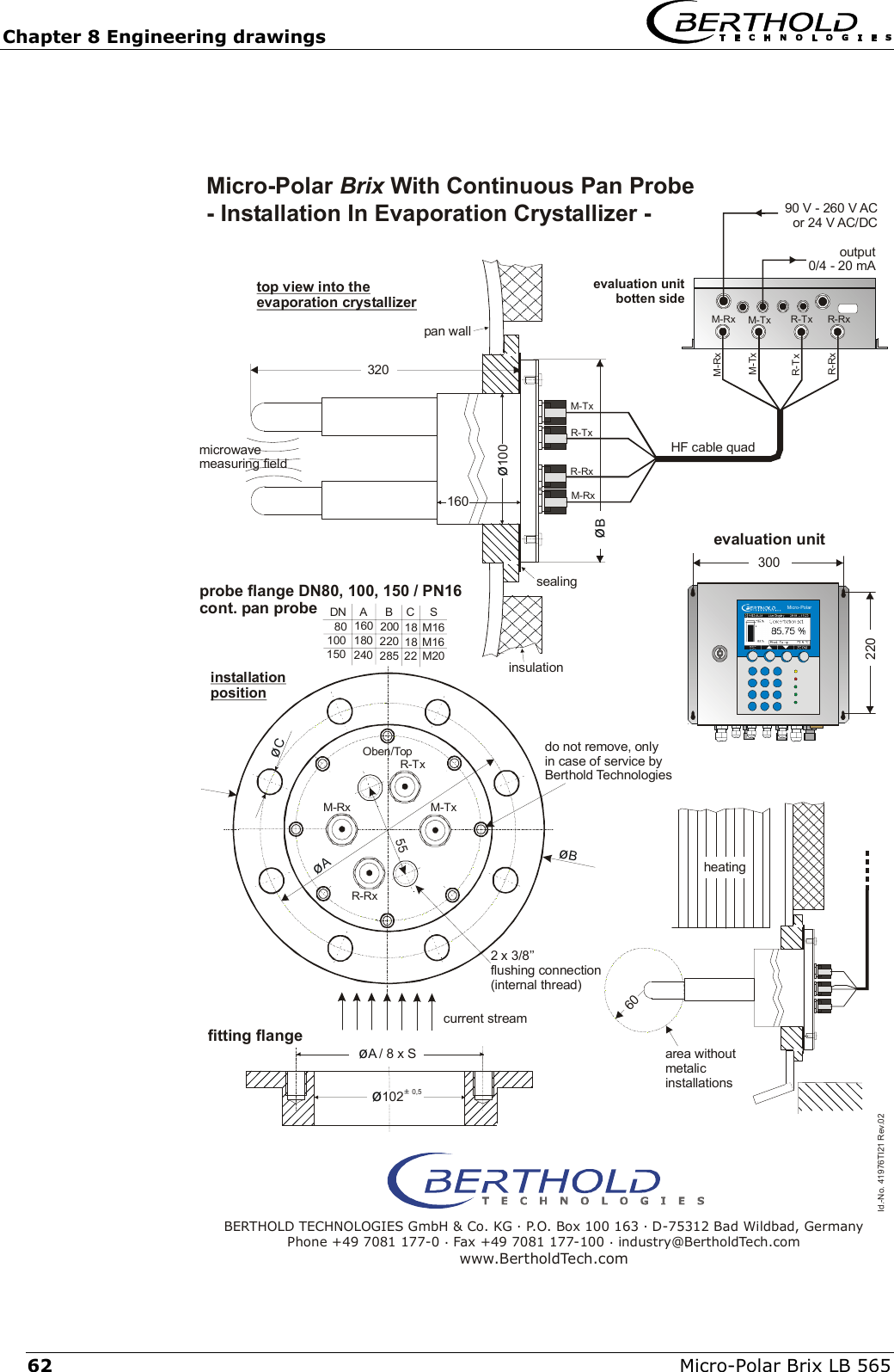 Chapter 8 Engineering drawings   Micro-Polar Brix LB 565 62  M-RxR-TxR-RxM-Tx5590 V - 260 V ACor 24 V AC/DCoutput0/4 - 20 mA&oslash;B160&oslash;A / 8 x S320&oslash;10060&oslash;CinstallationpositionOben/Top&oslash;B&oslash;ADN ABCS80100160 200 18 M16180 220 18 M16240 28522M20150220300    Micro-PolarId.-No. 41976TI21 Rev.02&oslash;&plusmn; 1020,52 x 3/8&rsquo;&rsquo;flushing connection(internal thread)M-TxM-TxM-TxM-RxM-RxR-TxR-TxR-RxR-RxM-RxR-TxR-RxMicro-Polar  With Continuous Pan Probe - Installation In Evaporation Crystallizer - BrixBERTHOLD TECHNOLOGIES GmbH &amp; Co. KG . P.O. Box 100 163 . D-75312 Bad Wildbad, GermanyPhone +49 7081 177-0 . Fax +49 7081 177-100 . industry@BertholdTech.comwww.BertholdTech.comtop view into the evaporation crystallizerpan wallmicrowavemeasuring fieldevaluation unitbotten sideHF cable quadevaluation unitsealinginsulationdo not remove, onlyin case of service byBerthold Technologiesheatingarea withoutmetalicinstallationscurrent streamfitting flangeprobe flange DN80, 100, 150 / PN16cont. pan probe