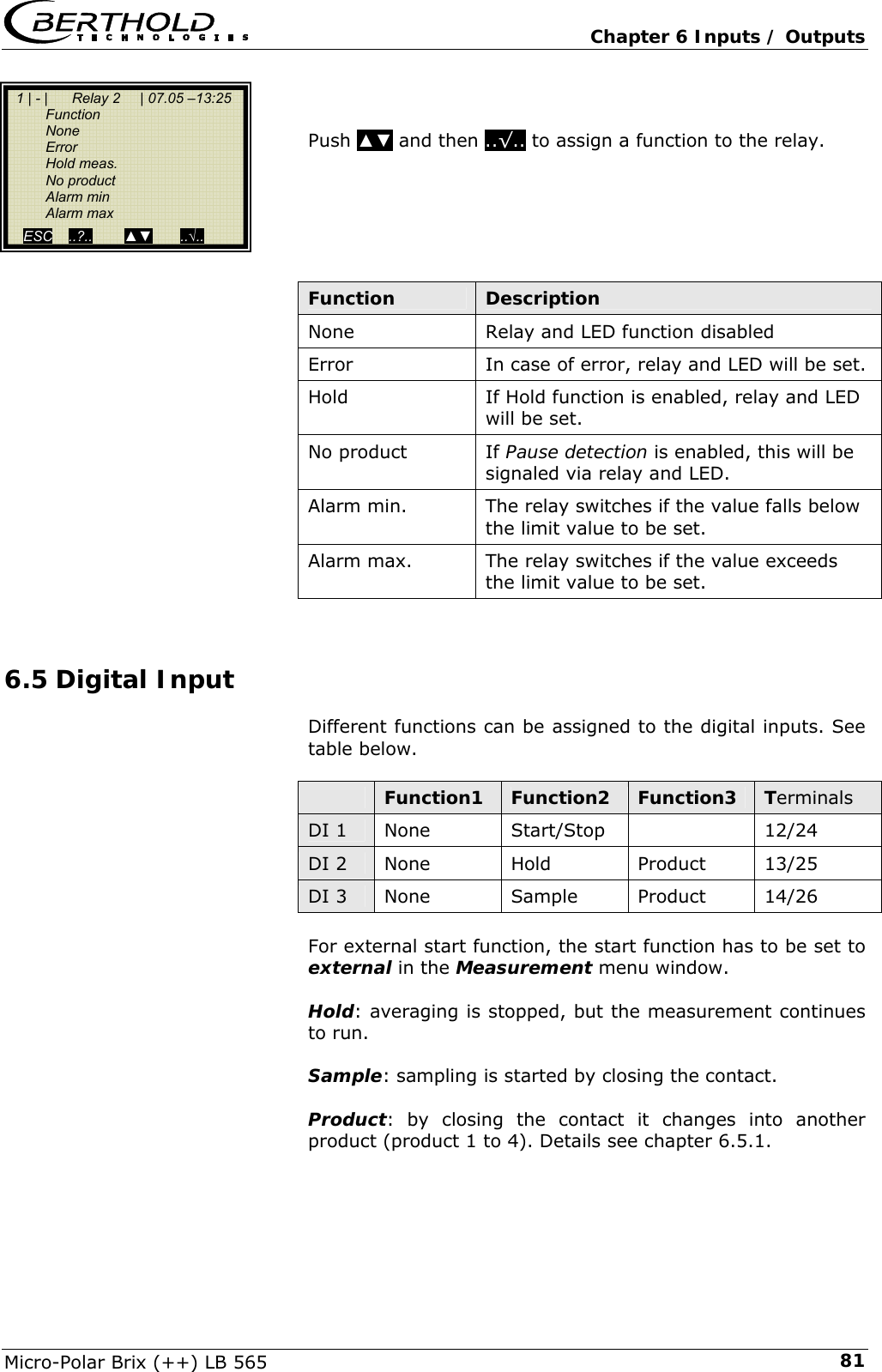   Chapter 6 Inputs / Outputs Micro-Polar Brix (++) LB 565  81  Push ▲▼ and then ..&radic;.. to assign a function to the relay.       Function  Description None  Relay and LED function disabled Error  In case of error, relay and LED will be set. Hold  If Hold function is enabled, relay and LED will be set. No product  If Pause detection is enabled, this will be signaled via relay and LED. Alarm min.  The relay switches if the value falls below the limit value to be set. Alarm max.  The relay switches if the value exceeds the limit value to be set.  6.5 Digital Input Different functions can be assigned to the digital inputs. See table below.   Function1  Function2  Function3  Terminals DI 1  None  Start/Stop   12/24 DI 2  None  Hold  Product  13/25 DI 3  None  Sample  Product  14/26  For external start function, the start function has to be set to external in the Measurement menu window.  Hold: averaging is stopped, but the measurement continues to run.  Sample: sampling is started by closing the contact.  Product: by closing the contact it changes into another product (product 1 to 4). Details see chapter 6.5.1.     1 | - |      Relay 2     | 07.05 &ndash;13:25   Function  None  Error  Hold meas.  No product  Alarm min  Alarm max ESC    ..?..        ▲▼       ..&radic;..