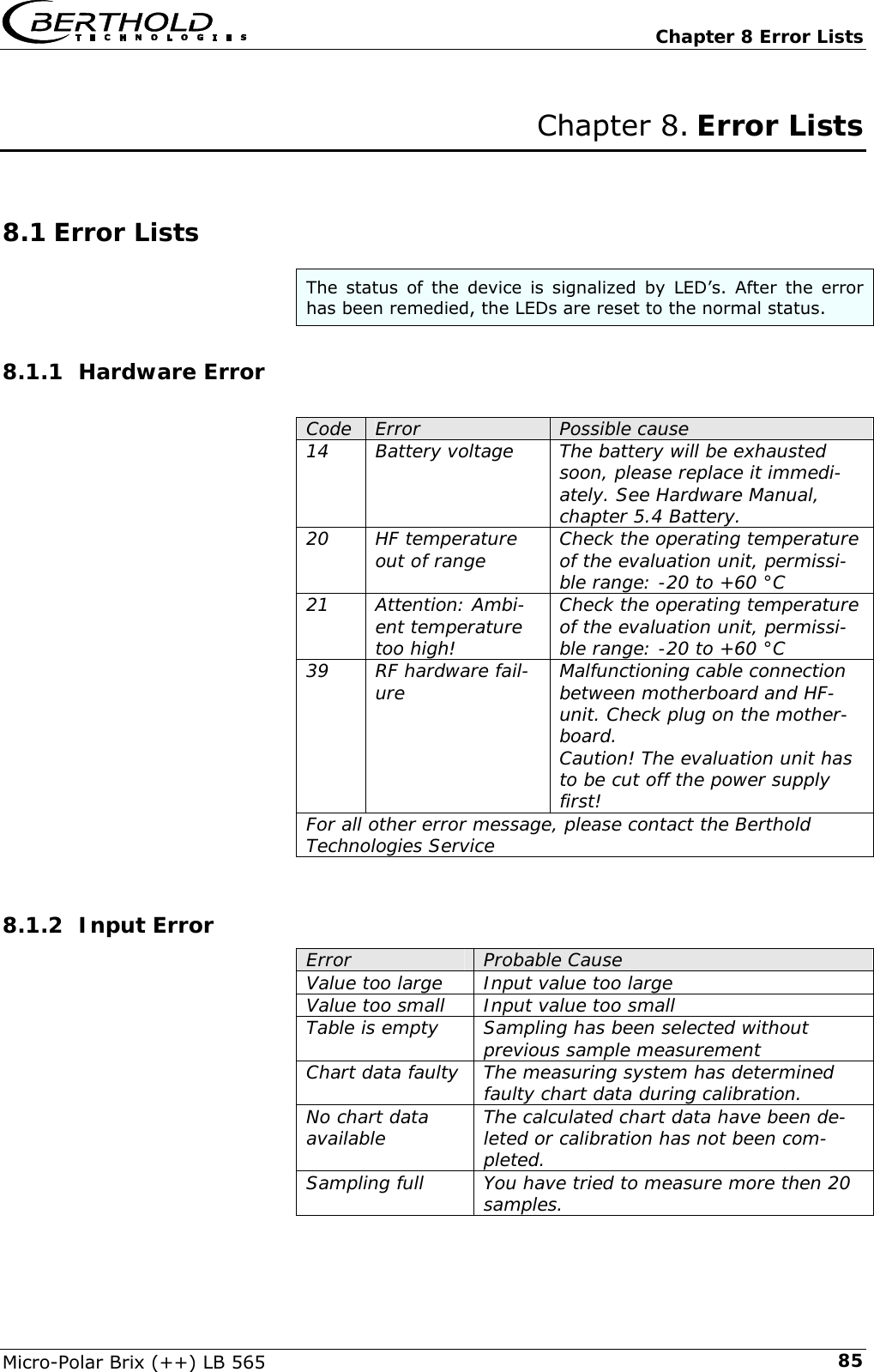   Chapter 8 Error Lists Micro-Polar Brix (++) LB 565  85Chapter 8. Error Lists  8.1 Error Lists The status of the device is signalized by LED&rsquo;s. After the error has been remedied, the LEDs are reset to the normal status. 8.1.1 Hardware Error  Code  Error  Possible cause 14  Battery voltage  The battery will be exhausted soon, please replace it immedi-ately. See Hardware Manual, chapter 5.4 Battery. 20  HF temperature out of range  Check the operating temperature of the evaluation unit, permissi-ble range: -20 to +60 &deg;C 21  Attention: Ambi-ent temperature too high! Check the operating temperature of the evaluation unit, permissi-ble range: -20 to +60 &deg;C 39  RF hardware fail-ure  Malfunctioning cable connection between motherboard and HF-unit. Check plug on the mother-board. Caution! The evaluation unit has to be cut off the power supply first! For all other error message, please contact the Berthold Technologies Service   8.1.2 Input Error Error  Probable Cause Value too large  Input value too large Value too small  Input value too small Table is empty  Sampling has been selected without  previous sample measurement Chart data faulty  The measuring system has determined  faulty chart data during calibration. No chart data available  The calculated chart data have been de-leted or calibration has not been com-pleted. Sampling full  You have tried to measure more then 20 samples. 