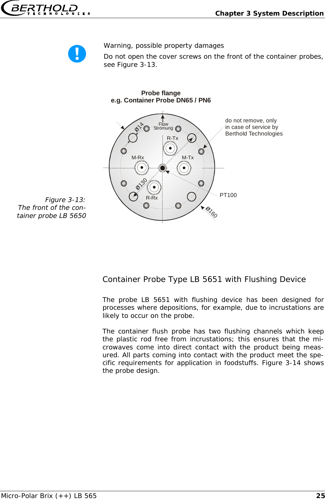   Chapter 3 System Description Micro-Polar Brix (++) LB 565  25 Warning, possible property damages  Do not open the cover screws on the front of the container probes, see Figure 3-13.  Figure 3-13: The front of the con-tainer probe LB 5650   &oslash;14M-RxR-Txdo not remove, onlyin case of service byBerthold TechnologiesR-RxM-Tx&oslash;160&oslash;130PT100Probe flangee.g. Container Probe DN65 / PN6FlowStr&ouml;mung   Container Probe Type LB 5651 with Flushing Device The probe LB 5651 with flushing device has been designed for processes where depositions, for example, due to incrustations are likely to occur on the probe. The container flush probe has two flushing channels which keep the plastic rod free from incrustations; this ensures that the mi-crowaves come into direct contact with the product being meas-ured. All parts coming into contact with the product meet the spe-cific requirements for application in foodstuffs. Figure 3-14 shows the probe design.      