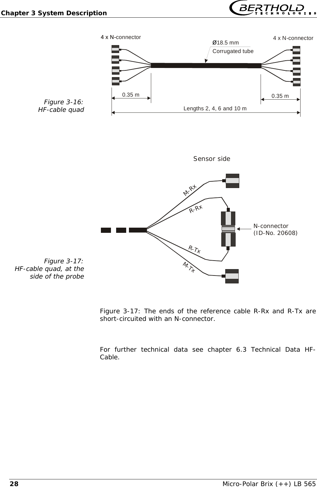 Chapter 3 System Description   Micro-Polar Brix (++) LB 565 28Figure 3-16: HF-cable quad   Lengths 2, 4, 6 and 10 mCorrugated tube4 x N-connector&oslash;18.5 mm0.35 m 0.35 m4 x N- 4 x N-connector   Figure 3-17: HF-cable quad, at the side of the probe   N-connector(ID-No. 20608)Sensor sideR-RxR-TxM-RxM-Tx  Figure 3-17: The ends of the reference cable R-Rx and R-Tx are short-circuited with an N-connector.  For further technical data see chapter 6.3 Technical Data HF-Cable. 