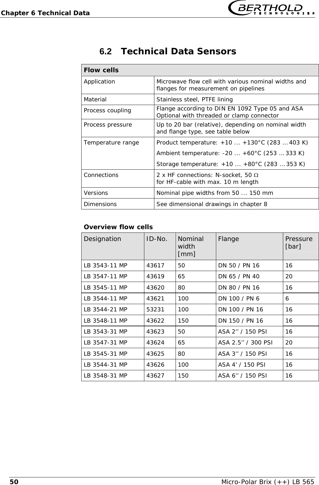 Chapter 6 Technical Data   Micro-Polar Brix (++) LB 565 506.2  Technical Data Sensors Flow cells Application  Microwave flow cell with various nominal widths and flanges for measurement on pipelines Material  Stainless steel, PTFE lining Process coupling  Flange according to DIN EN 1092 Type 05 and ASA Optional with threaded or clamp connector Process pressure  Up to 20 bar (relative), depending on nominal width and flange type, see table below Temperature range Product temperature: +10 ... +130&deg;C (283 &hellip; 403 K) Ambient temperature: -20 ... +60&deg;C (253 &hellip; 333 K) Storage temperature: +10 ... +80&deg;C (283 &hellip; 353 K) Connections  2 x HF connections: N-socket, 50 &Omega;  for HF-cable with max. 10 m length Versions  Nominal pipe widths from 50 ... 150 mm Dimensions  See dimensional drawings in chapter 8      Overview flow cells Designation  ID-No.  Nominal width [mm] Flange  Pressure [bar] LB 3543-11 MP  43617  50  DN 50 / PN 16  16 LB 3547-11 MP  43619  65  DN 65 / PN 40  20 LB 3545-11 MP  43620  80  DN 80 / PN 16  16 LB 3544-11 MP  43621  100  DN 100 / PN 6  6 LB 3544-21 MP  53231  100  DN 100 / PN 16  16 LB 3548-11 MP  43622  150  DN 150 / PN 16  16 LB 3543-31 MP  43623  50  ASA 2&rsquo;&rsquo; / 150 PSI  16 LB 3547-31 MP  43624  65  ASA 2.5&rsquo;&rsquo; / 300 PSI  20 LB 3545-31 MP  43625  80  ASA 3&rsquo;&rsquo; / 150 PSI  16 LB 3544-31 MP  43626  100  ASA 4&rsquo; / 150 PSI  16 LB 3548-31 MP  43627  150  ASA 6&rsquo;&rsquo; / 150 PSI  16 